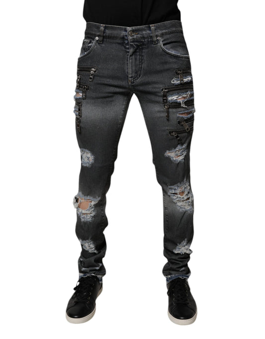 Dolce & Gabbana Dark Gray Tattered Cotton Skinny Denim Jeans