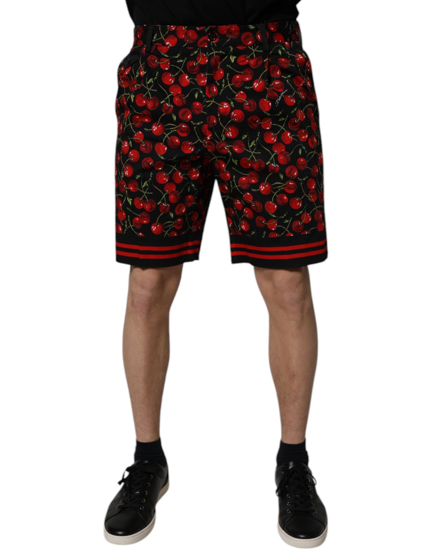 Dolce & Gabbana Black Red Cherry Print Bermuda Cotton Shorts