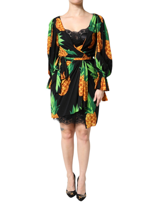 Robe portefeuille drapée en soie noire à imprimé ananas Dolce &amp; Gabbana