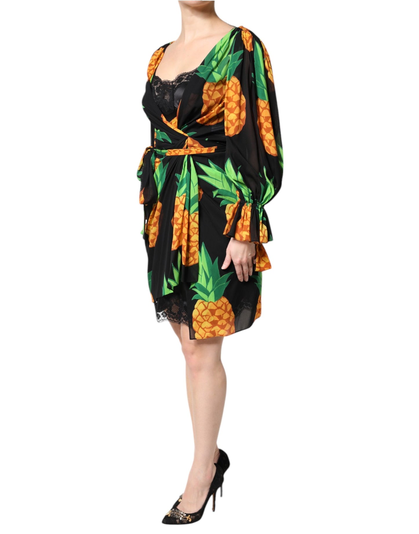 Robe portefeuille drapée en soie noire à imprimé ananas Dolce &amp; Gabbana