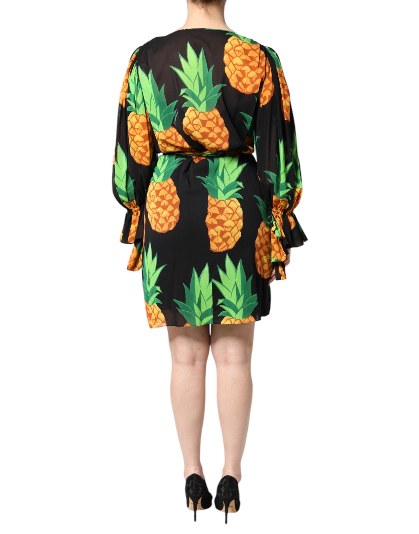 Robe portefeuille drapée en soie noire à imprimé ananas Dolce &amp; Gabbana