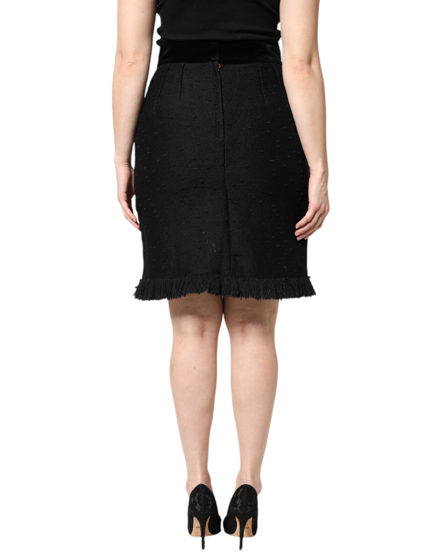Mini-jupe crayon taille haute à franges en laine noire Dolce &amp; Gabbana