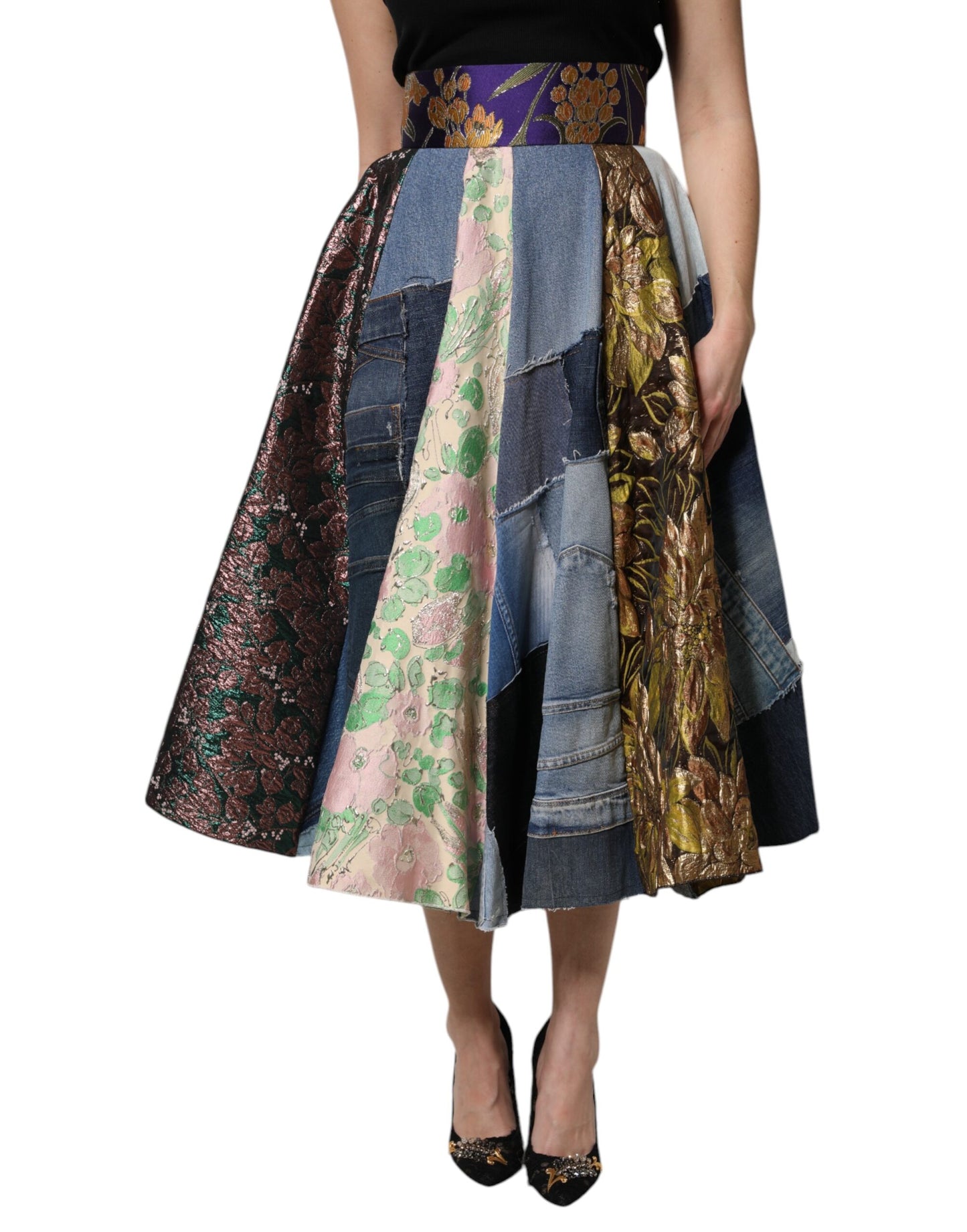 Dolce & Gabbana Multicolor Patchwork High Waisted Midi Skirt