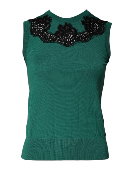 Dolce &amp; Gabbana, grünes, ärmelloses Tanktop aus Wolle mit Spitzendetail