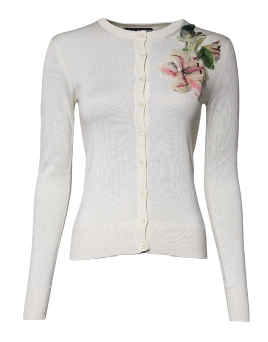 Pull cardigan en soie à fleurs crème Dolce &amp; Gabbana