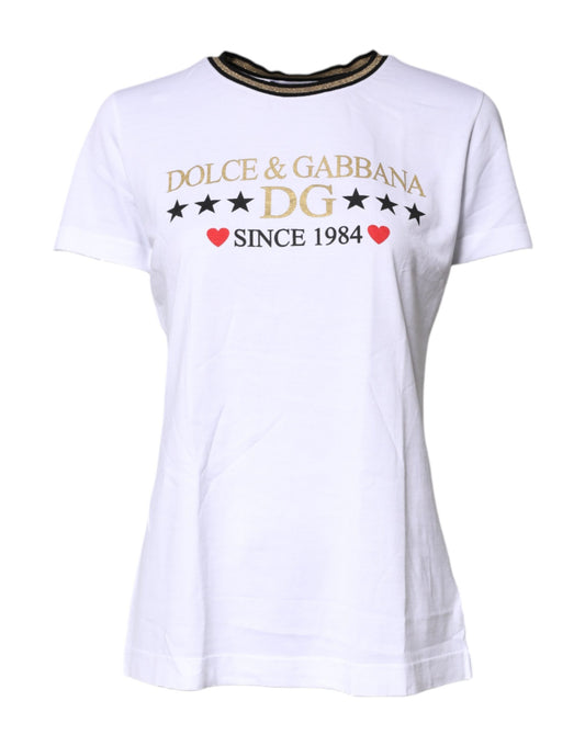 Dolce &amp; Gabbana – Weißes bedrucktes Baumwoll-T-Shirt mit Rundhalsausschnitt