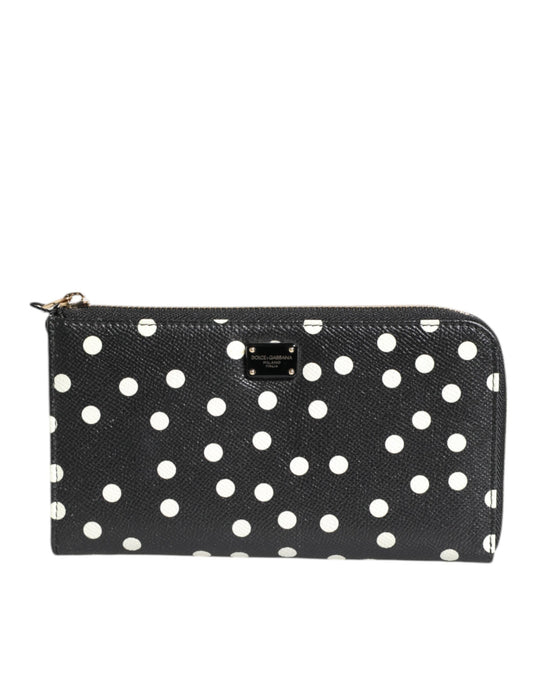 Portefeuille continental zippé Dolce &amp; Gabbana en cuir noir et blanc à pois