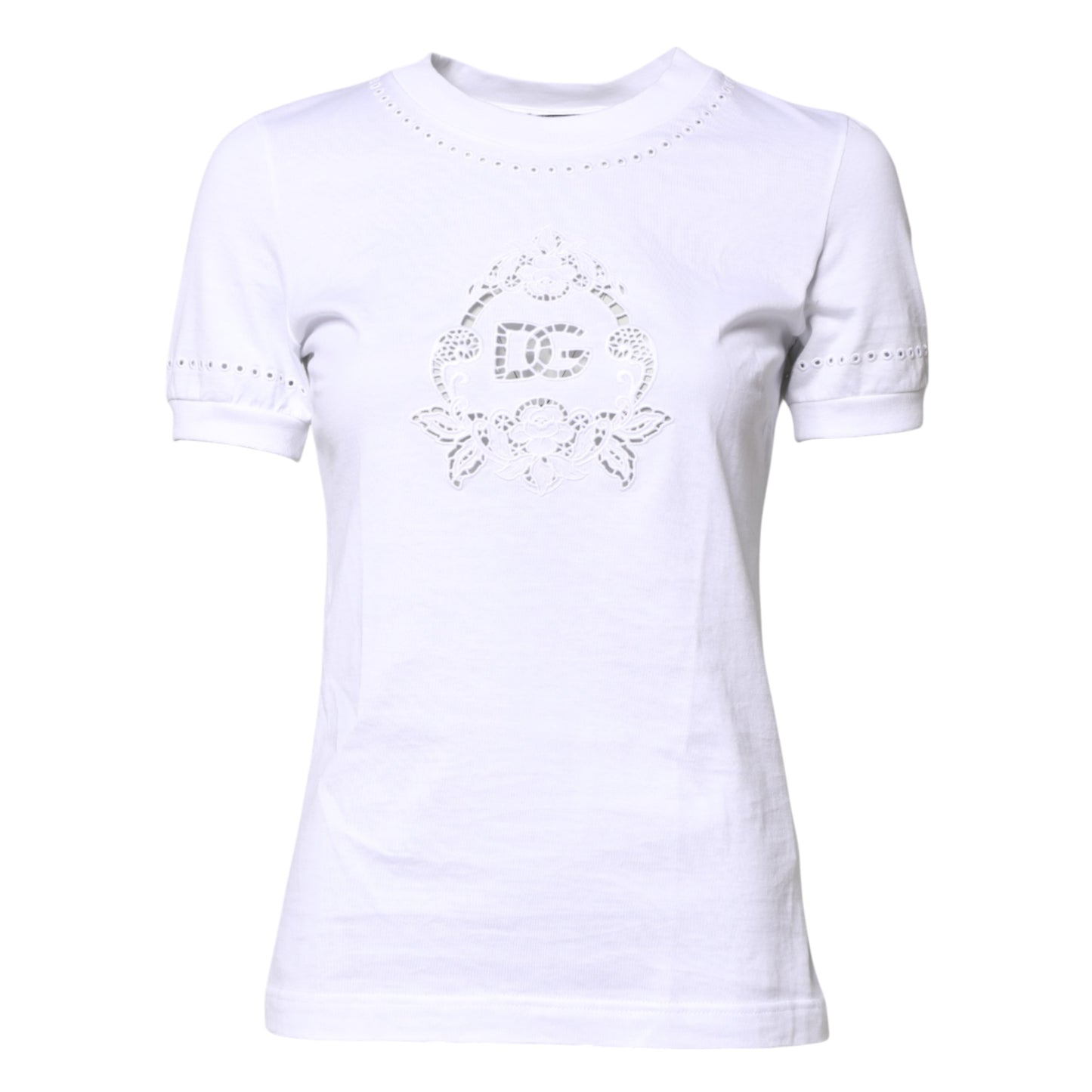 Dolce &amp; Gabbana – Weißes Baumwoll-T-Shirt mit Blumenlogo und Rundhalsausschnitt