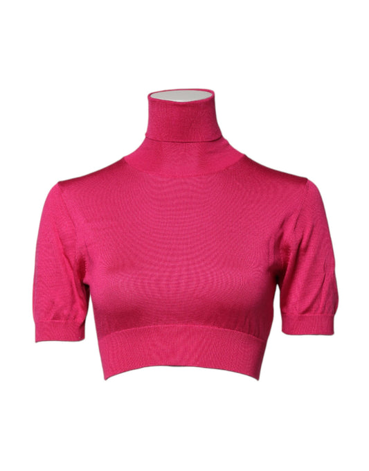 Dolce & Gabbana Pink Silk Knitted Turtleneck Cropped Top
