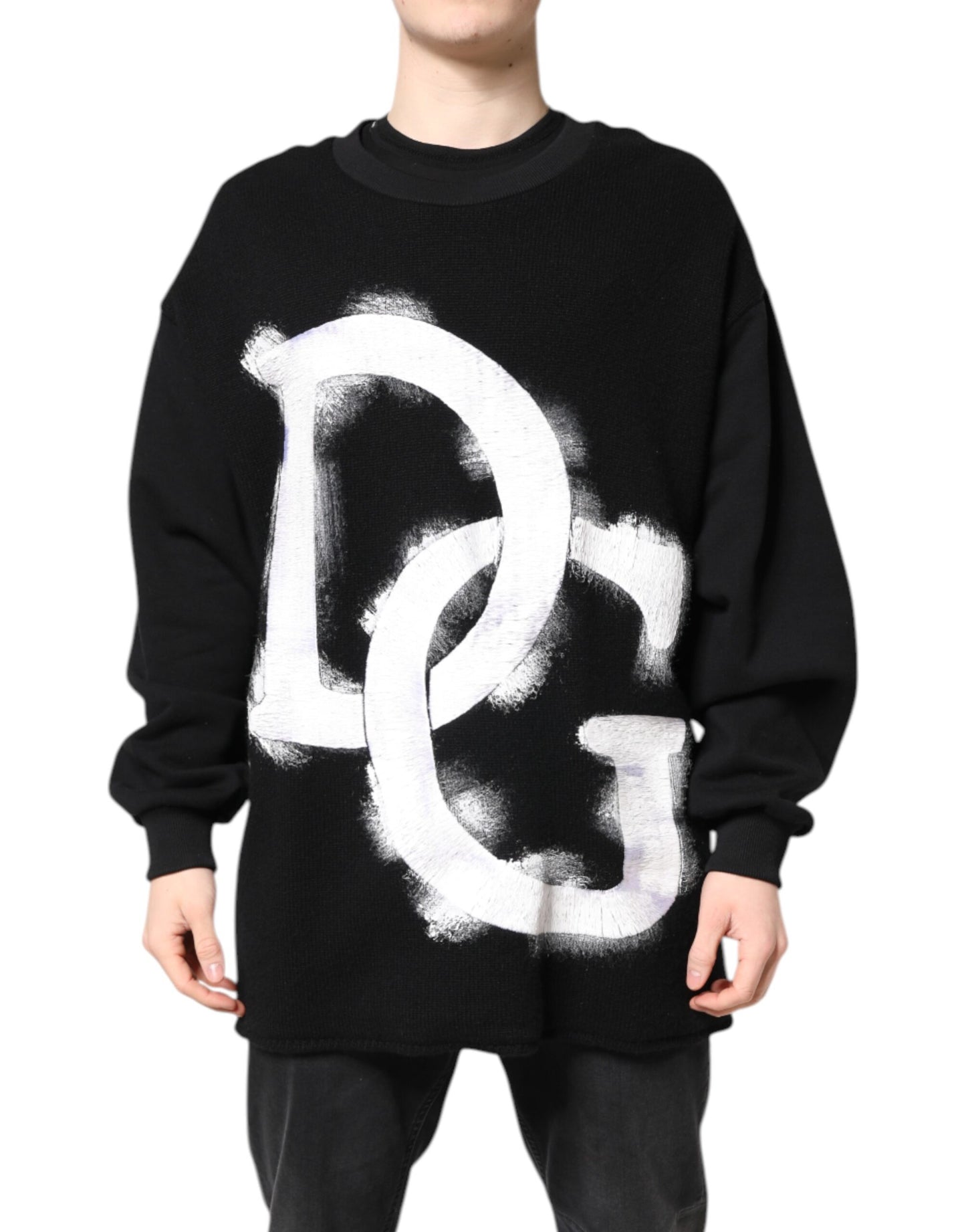 Dolce & Gabbana Black Cotton Logo Print Men Pullover Sweater