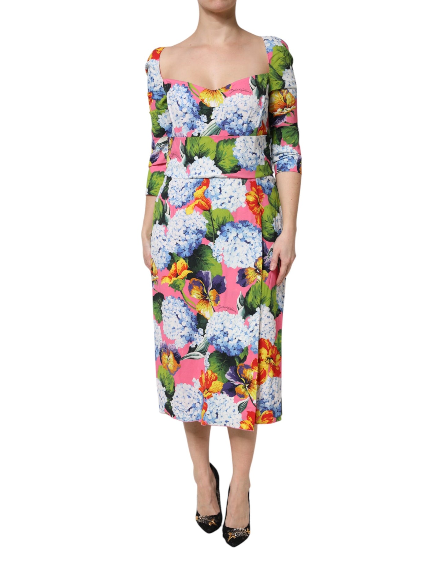 Robe fourreau mi-longue plissée à fleurs multicolores Dolce &amp; Gabbana