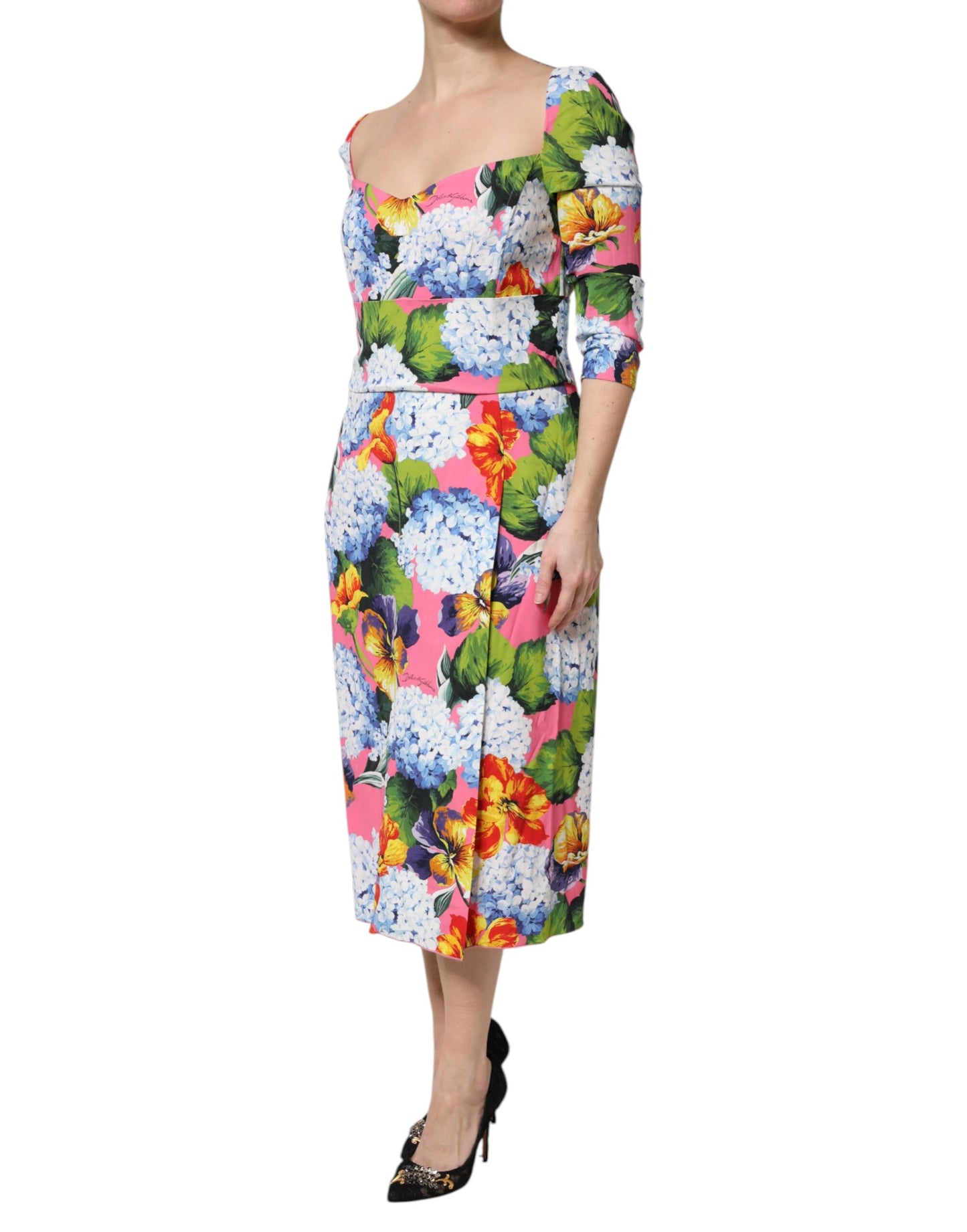 Robe fourreau mi-longue plissée à fleurs multicolores Dolce &amp; Gabbana