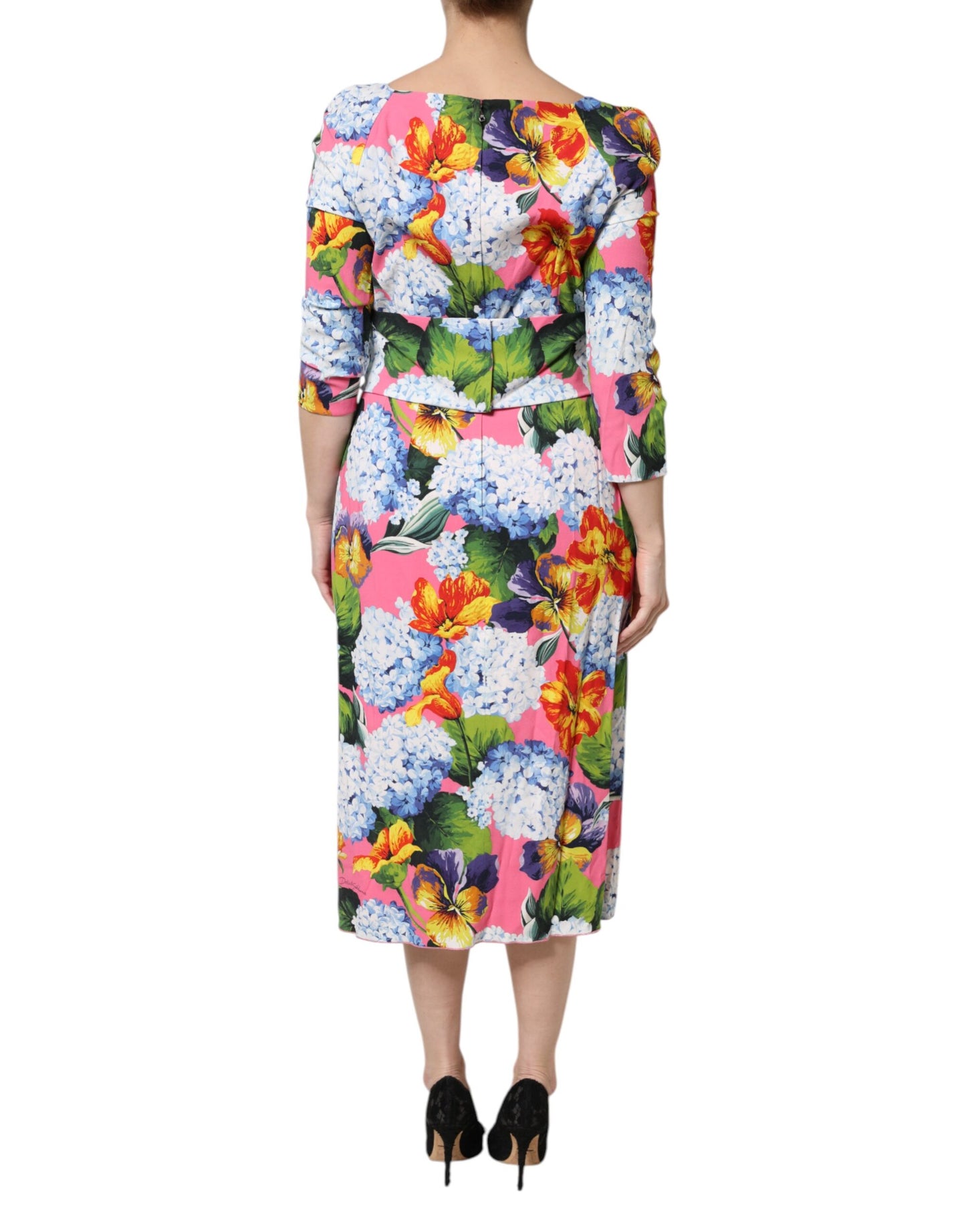 Robe fourreau mi-longue plissée à fleurs multicolores Dolce &amp; Gabbana