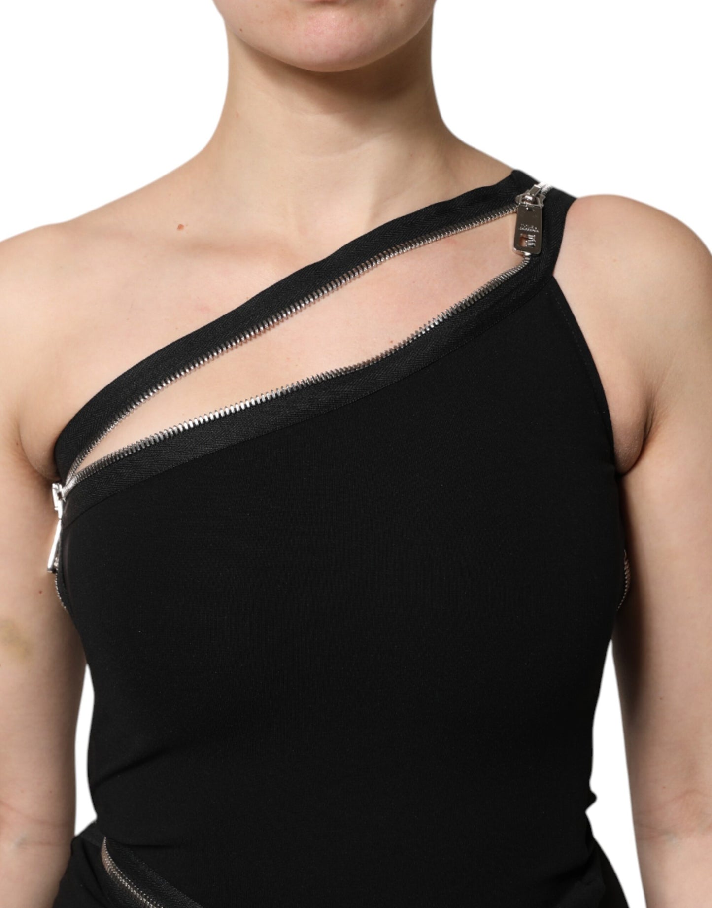 Robe fourreau noire à une épaule et fermeture éclair en viscose Dolce &amp; Gabbana