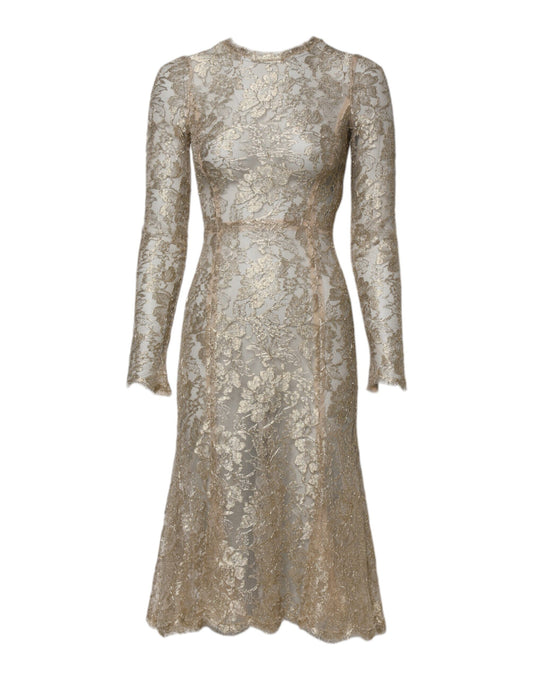 Robe ajustée et évasée à manches longues en dentelle florale dorée Dolce &amp; Gabbana