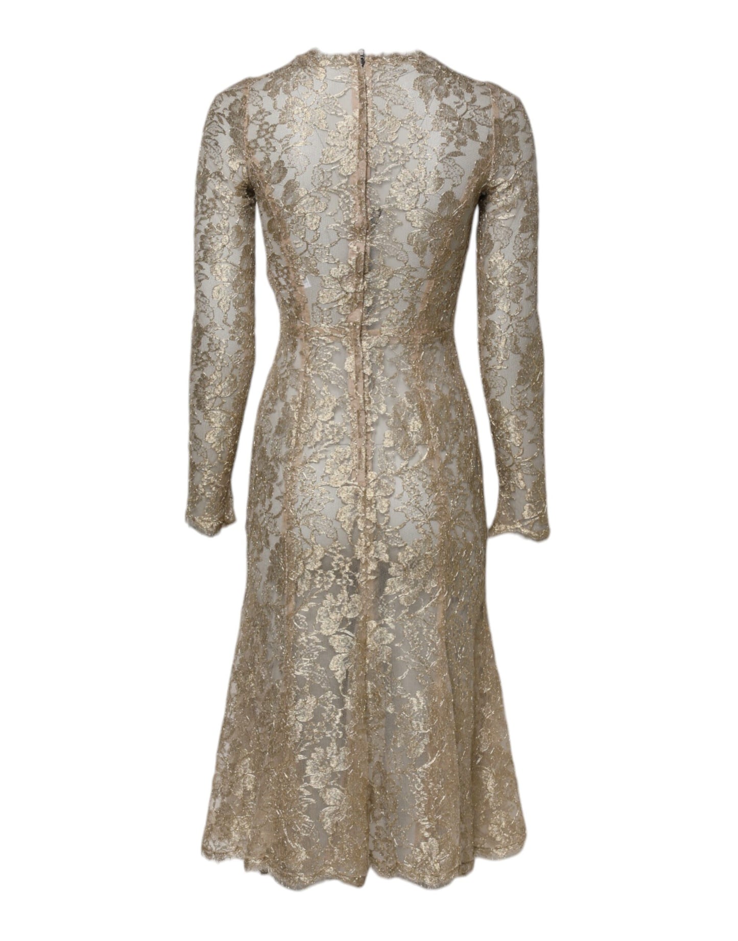 Robe ajustée et évasée à manches longues en dentelle florale dorée Dolce &amp; Gabbana