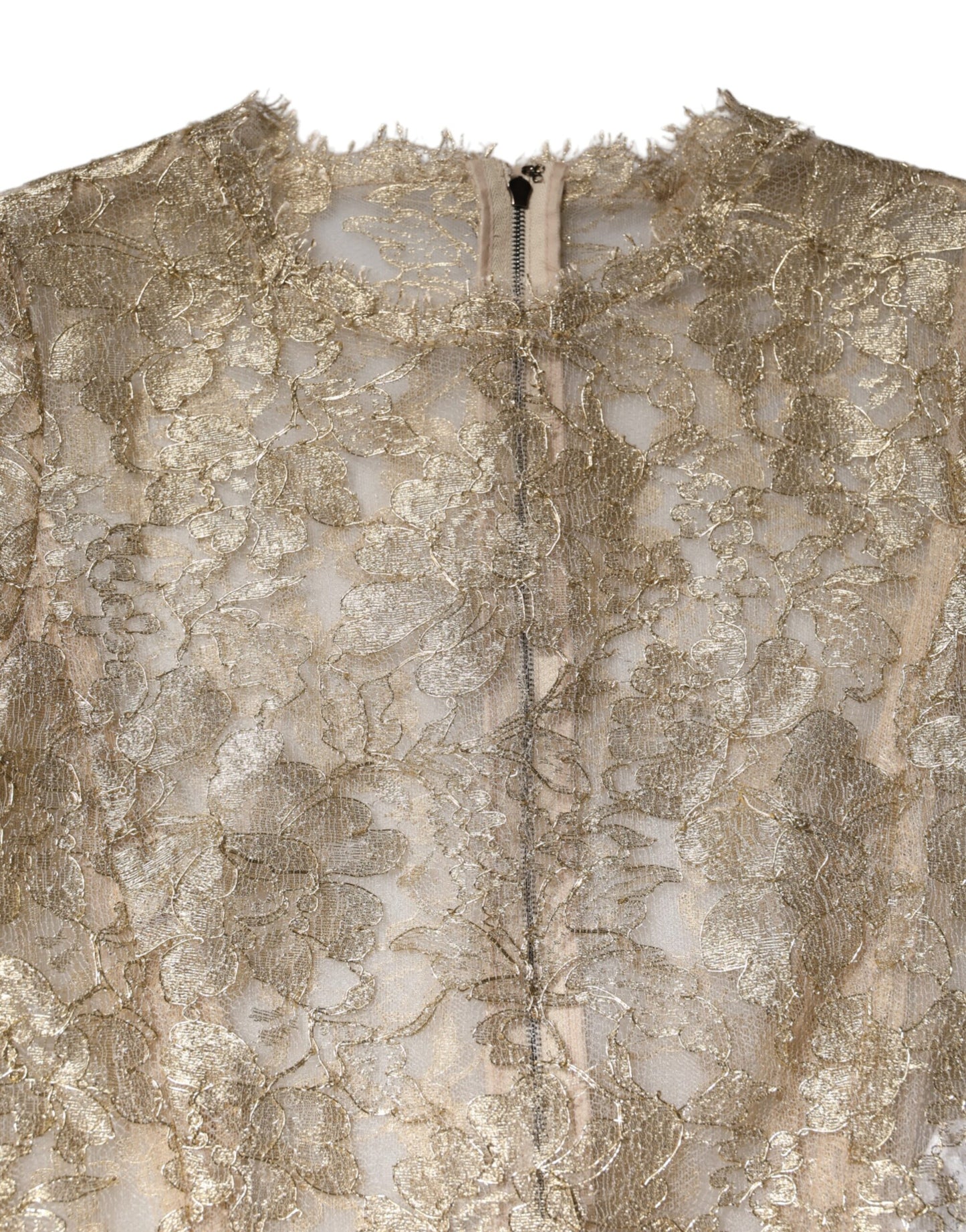 Robe ajustée et évasée à manches longues en dentelle florale dorée Dolce &amp; Gabbana