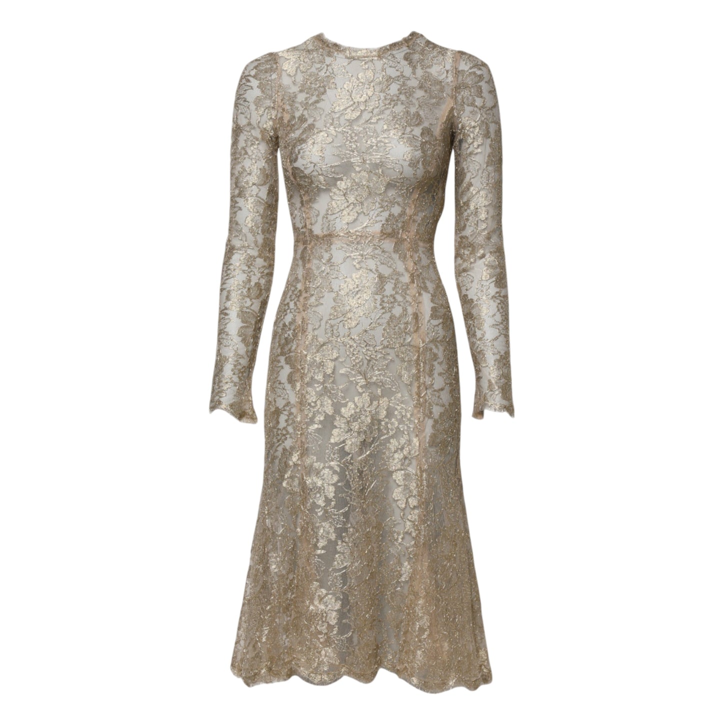 Robe ajustée et évasée à manches longues en dentelle florale dorée Dolce &amp; Gabbana
