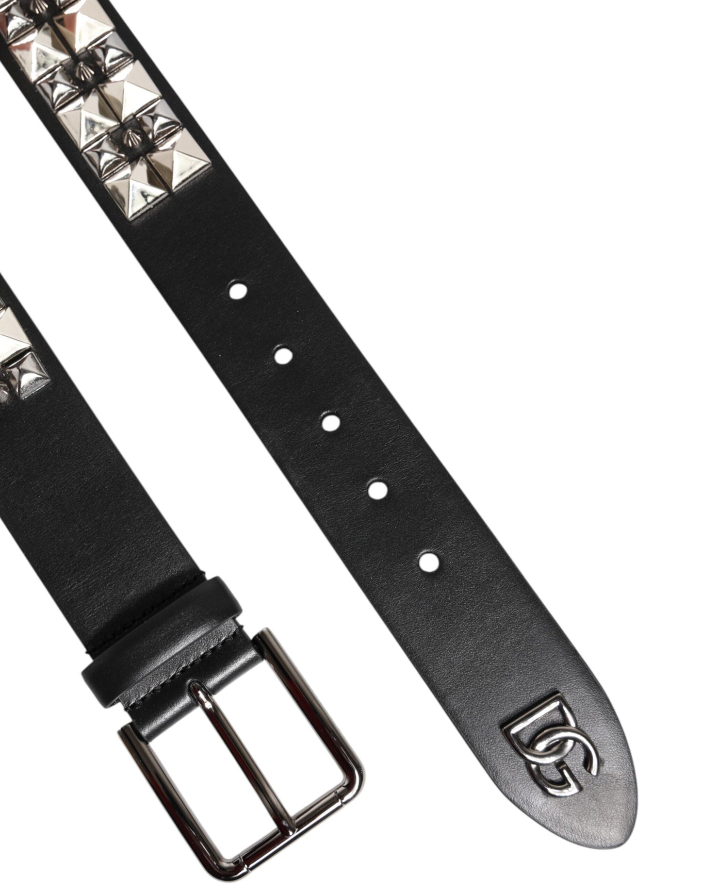 Dolce & Gabbana Black Calf Leather Studded Silver Buckle Belt