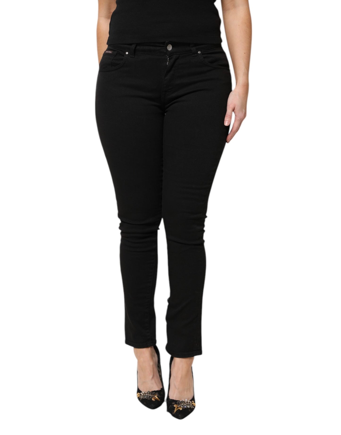 Jean skinny taille moyenne en coton noir avec logo Dolce &amp; Gabbana