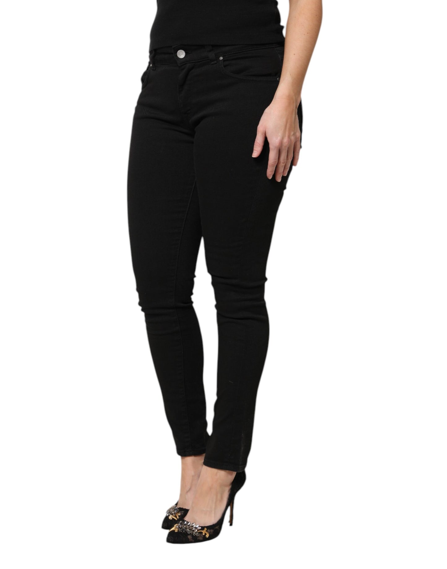 Jean skinny taille moyenne en coton noir avec logo Dolce &amp; Gabbana