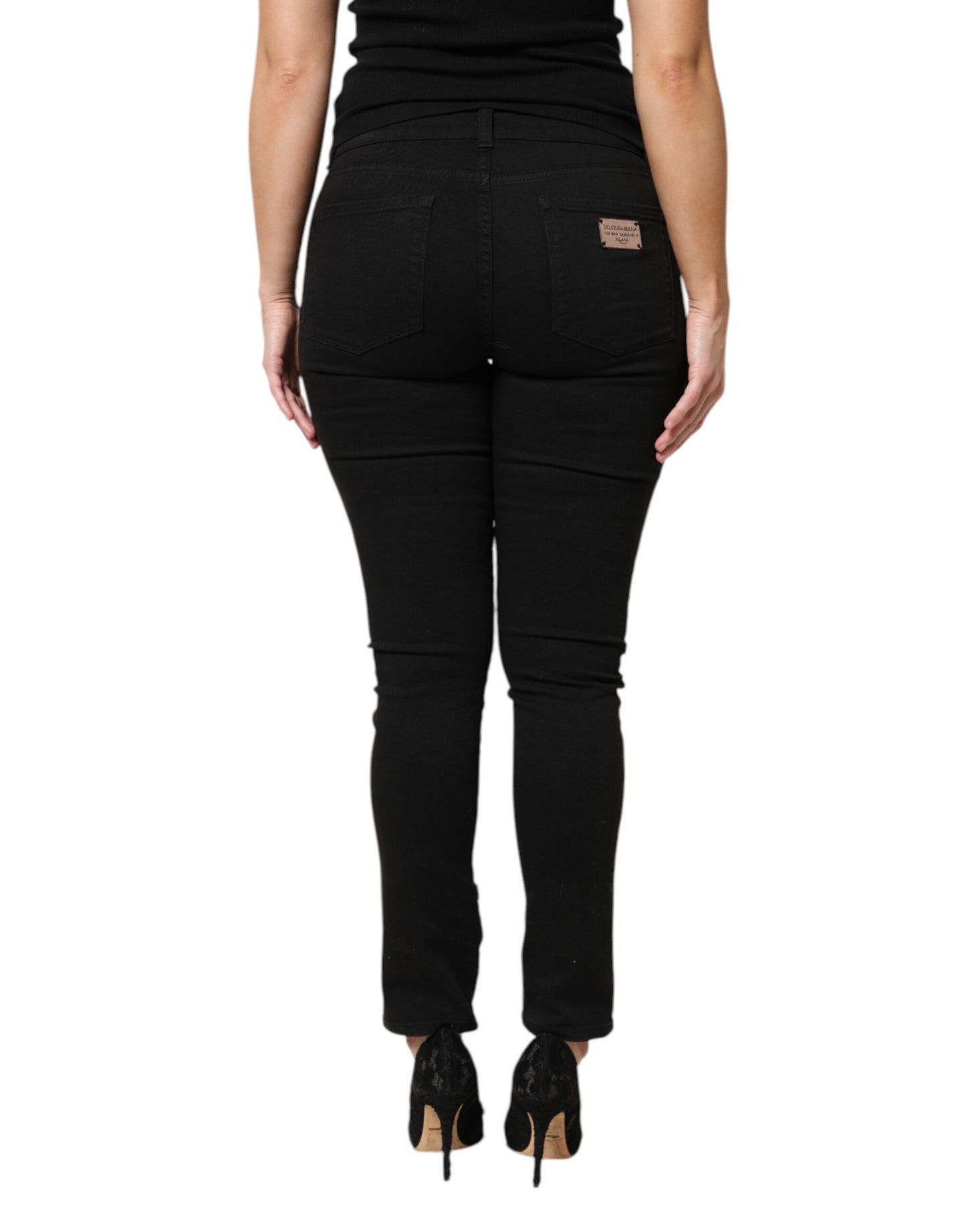 Jean skinny taille moyenne en coton noir avec logo Dolce &amp; Gabbana