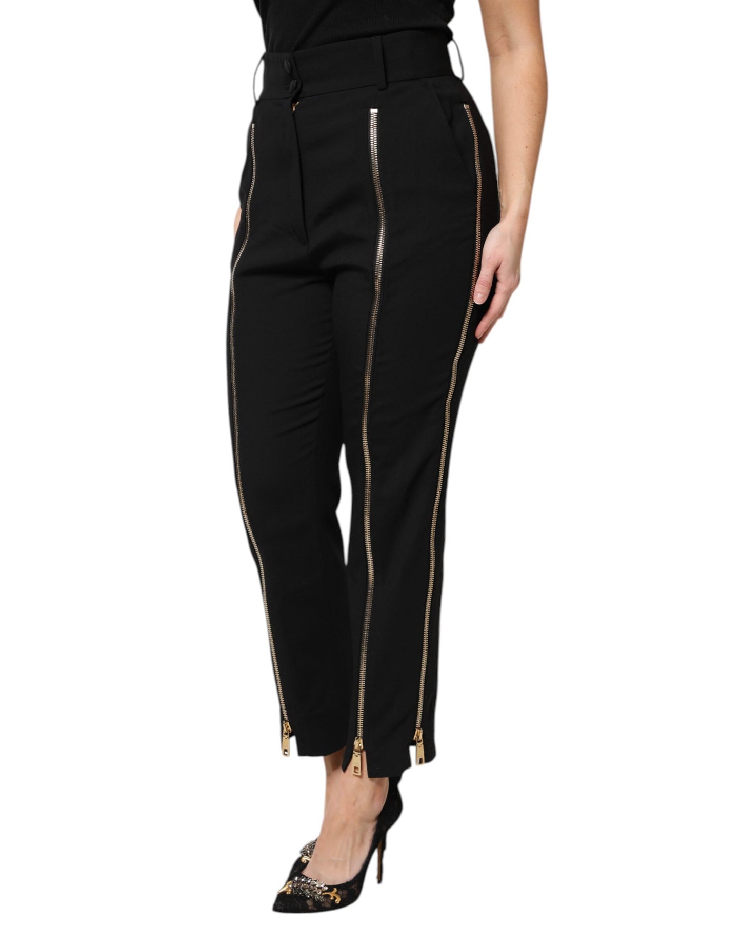Dolce &amp; Gabbana – Schwarze, hoch taillierte Karottenhose aus Wolle mit Reißverschluss