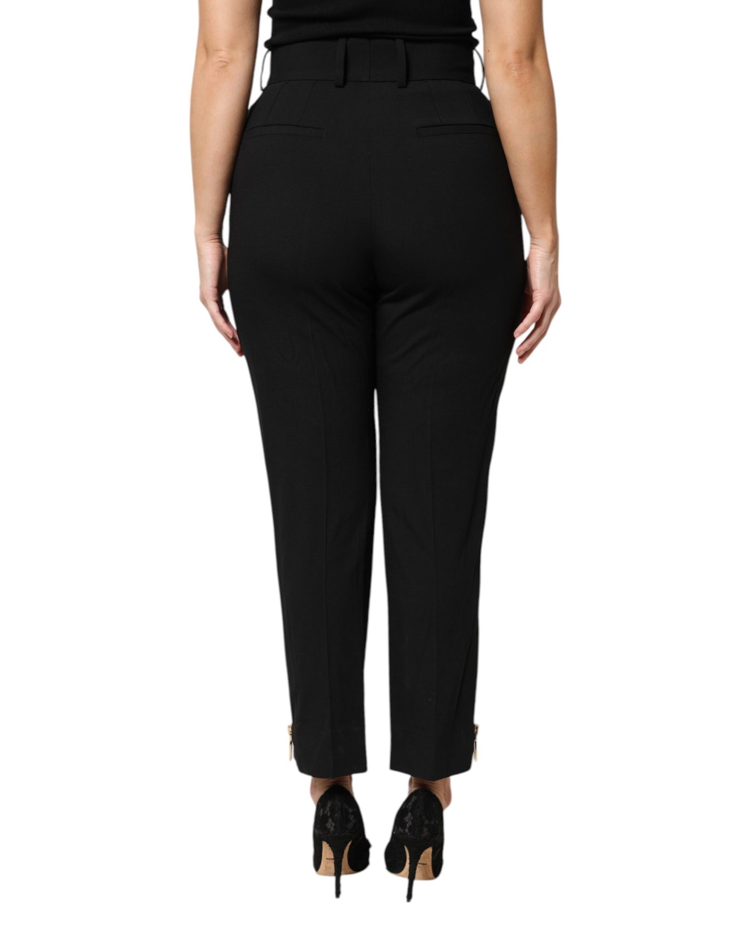 Dolce &amp; Gabbana – Schwarze, hoch taillierte Karottenhose aus Wolle mit Reißverschluss