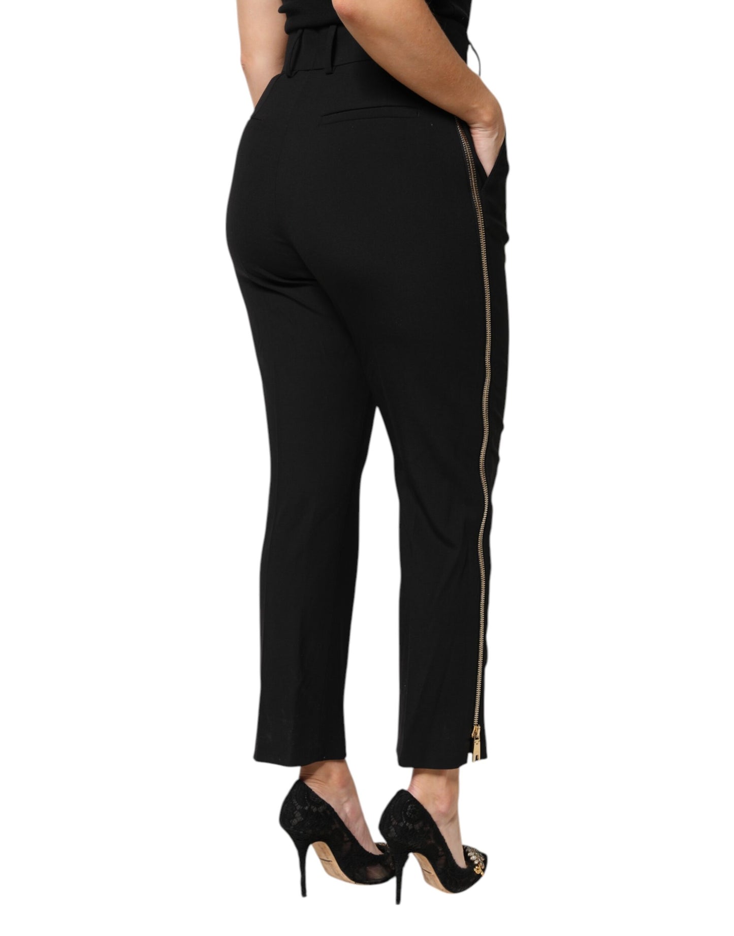 Dolce &amp; Gabbana – Schwarze, hoch taillierte Karottenhose aus Wolle mit Reißverschluss