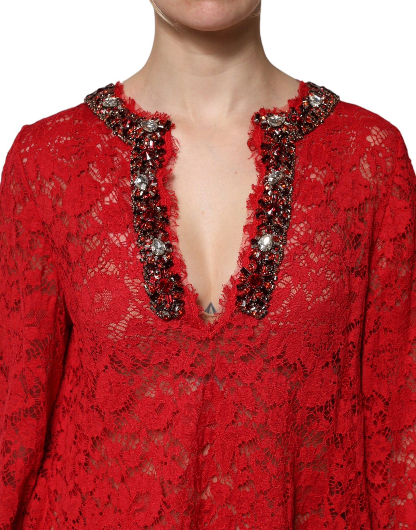 Dolce &amp; Gabbana – Rotes Kleid mit Blumenspitze und Strassverzierung