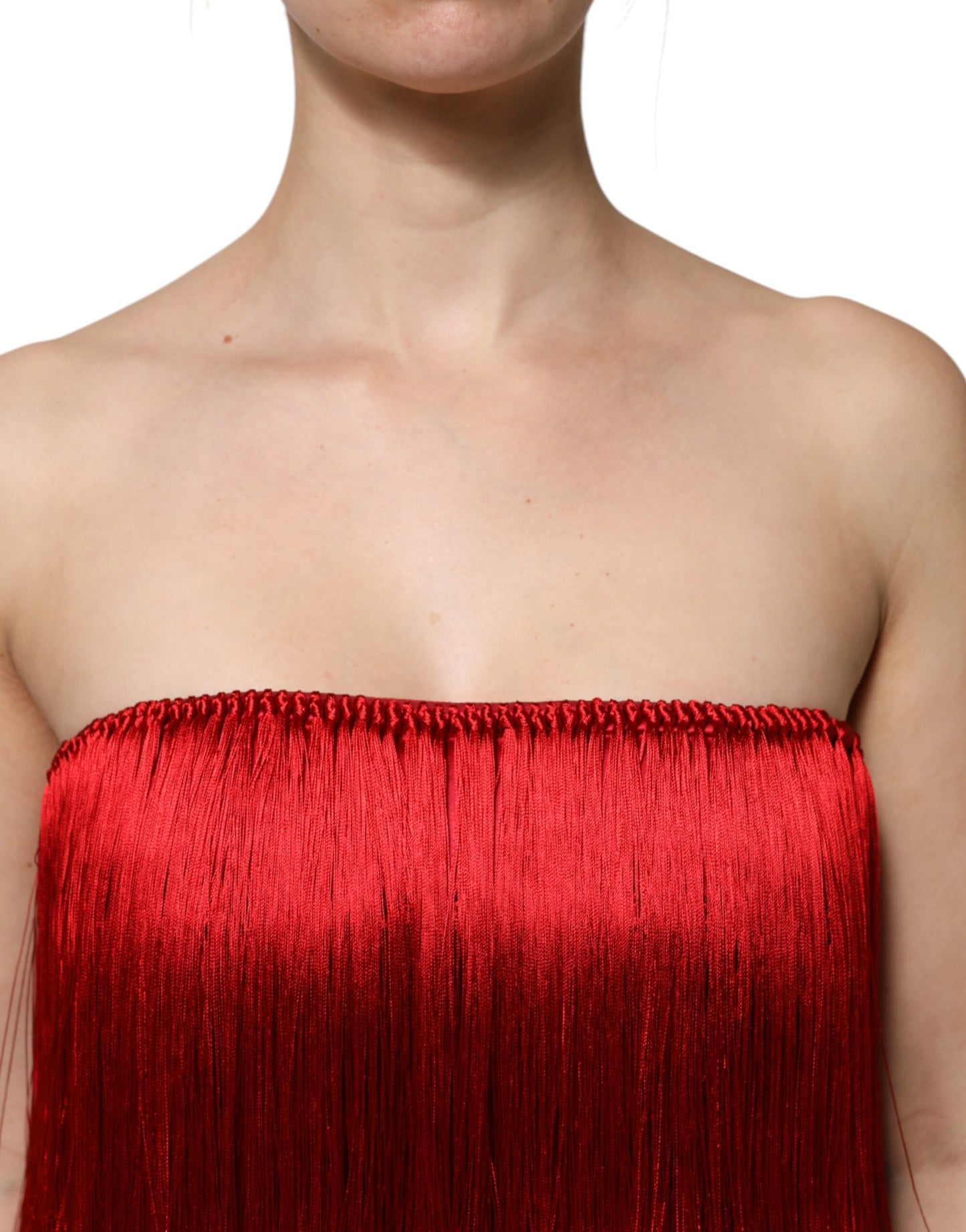 Dolce &amp; Gabbana – Trägerloses, kurzes Tube-Top aus Seide mit Fransen in Rot
