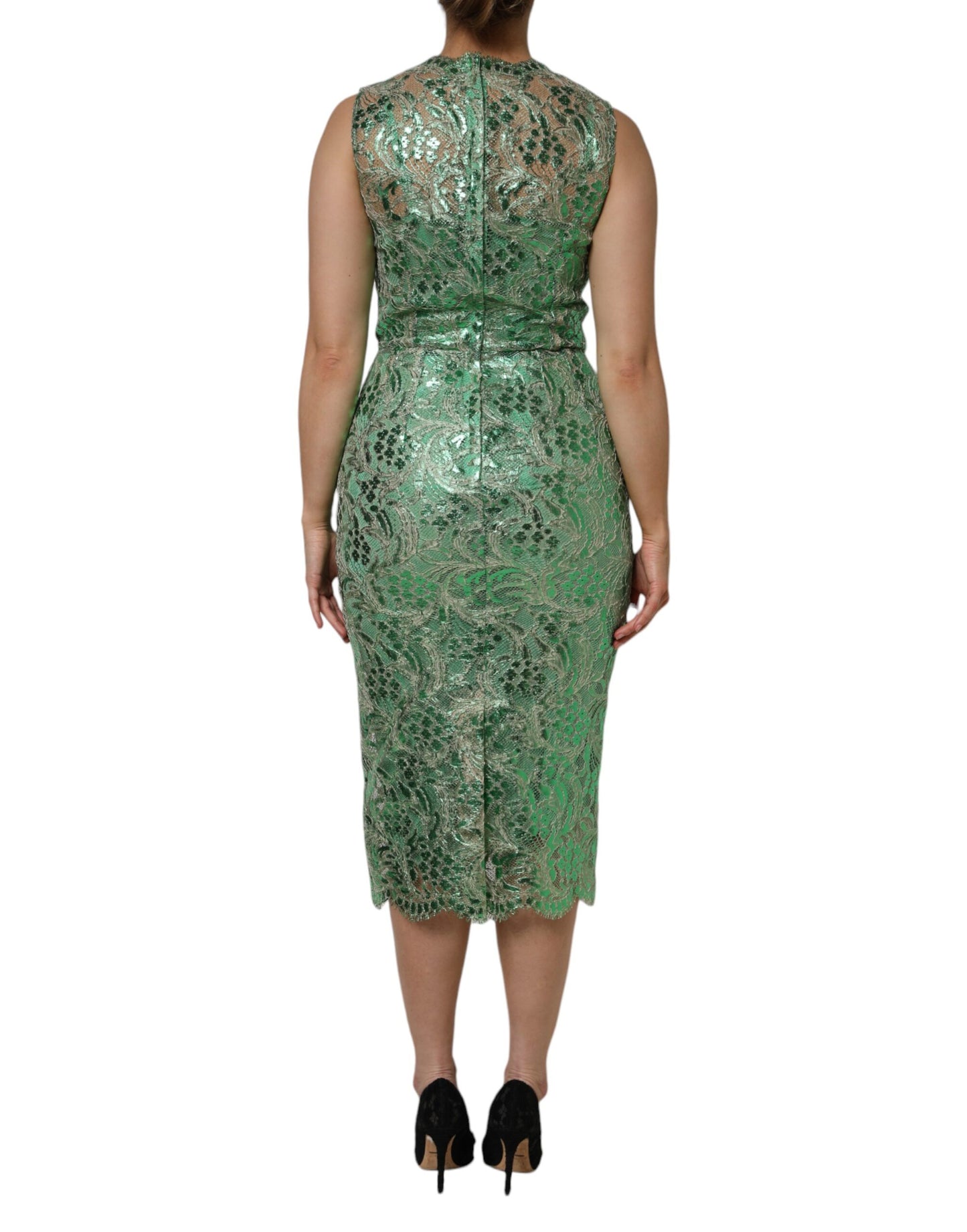 Robe fourreau mi-longue en coton vert à fleurs et dentelle Dolce &amp; Gabbana