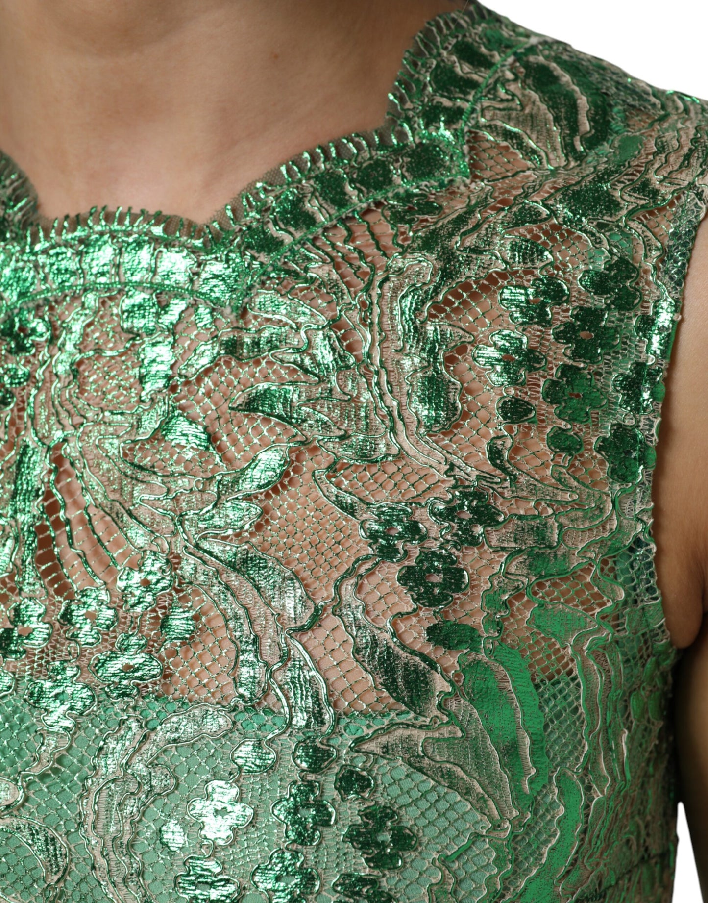 Robe fourreau mi-longue en coton vert à fleurs et dentelle Dolce &amp; Gabbana