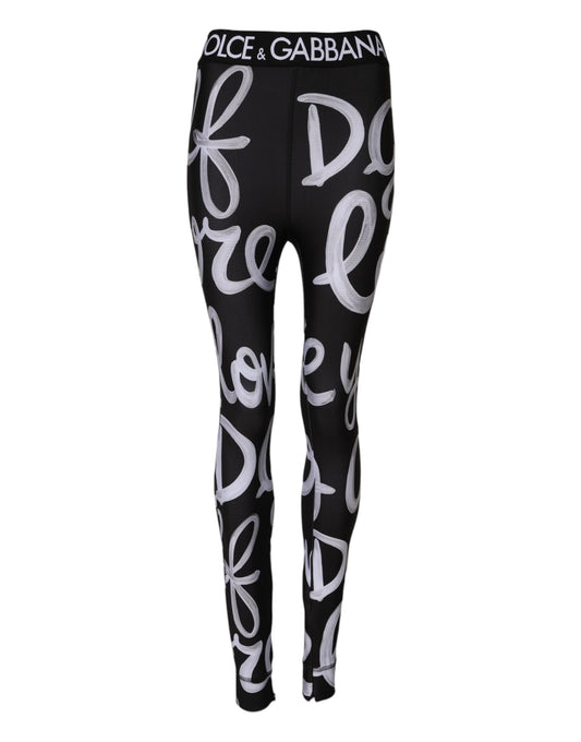 Pantalon taille moyenne en polyester noir à imprimé logo Dolce &amp; Gabbana