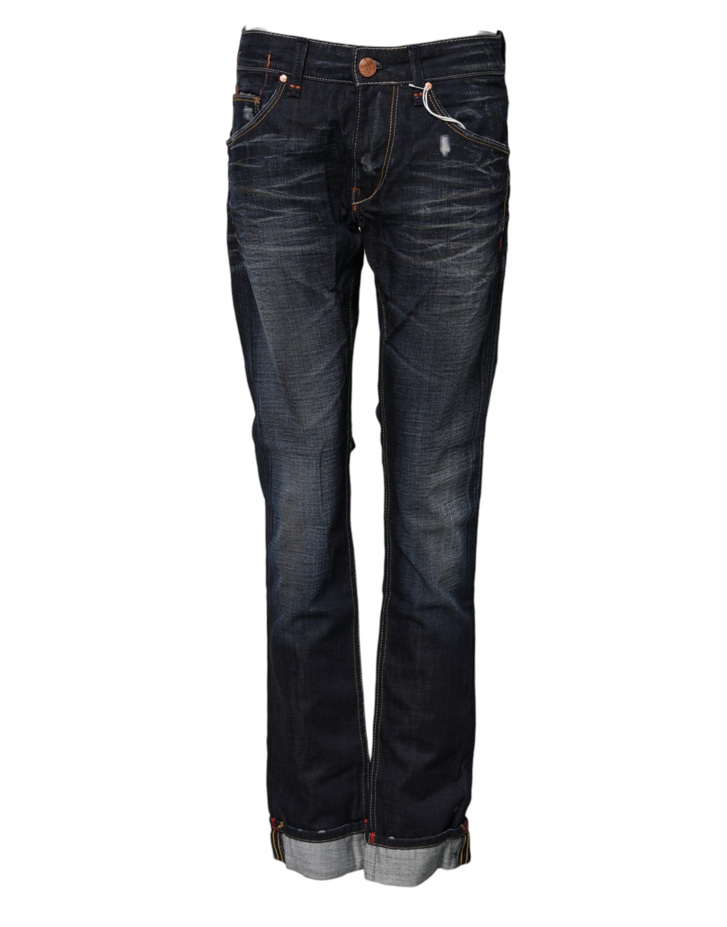Acht Blue Washed Cotton Mid Waist Flared Denim Jeans
