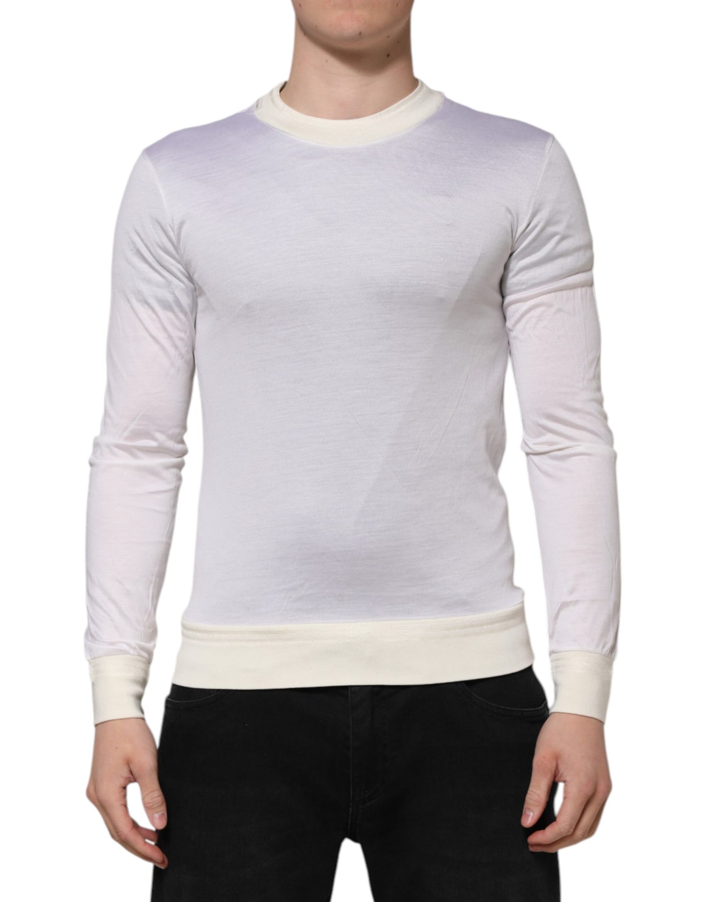 Dolce & Gabbana White Silk Crew Neck Long Sleeves T-shirt