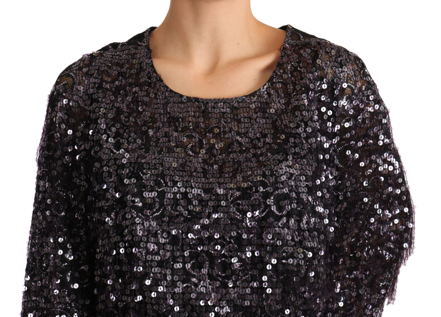 Robe mi-longue droite à manches longues et sequins noirs Dolce &amp; Gabbana