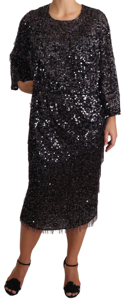 Robe mi-longue droite à manches longues et sequins noirs Dolce &amp; Gabbana