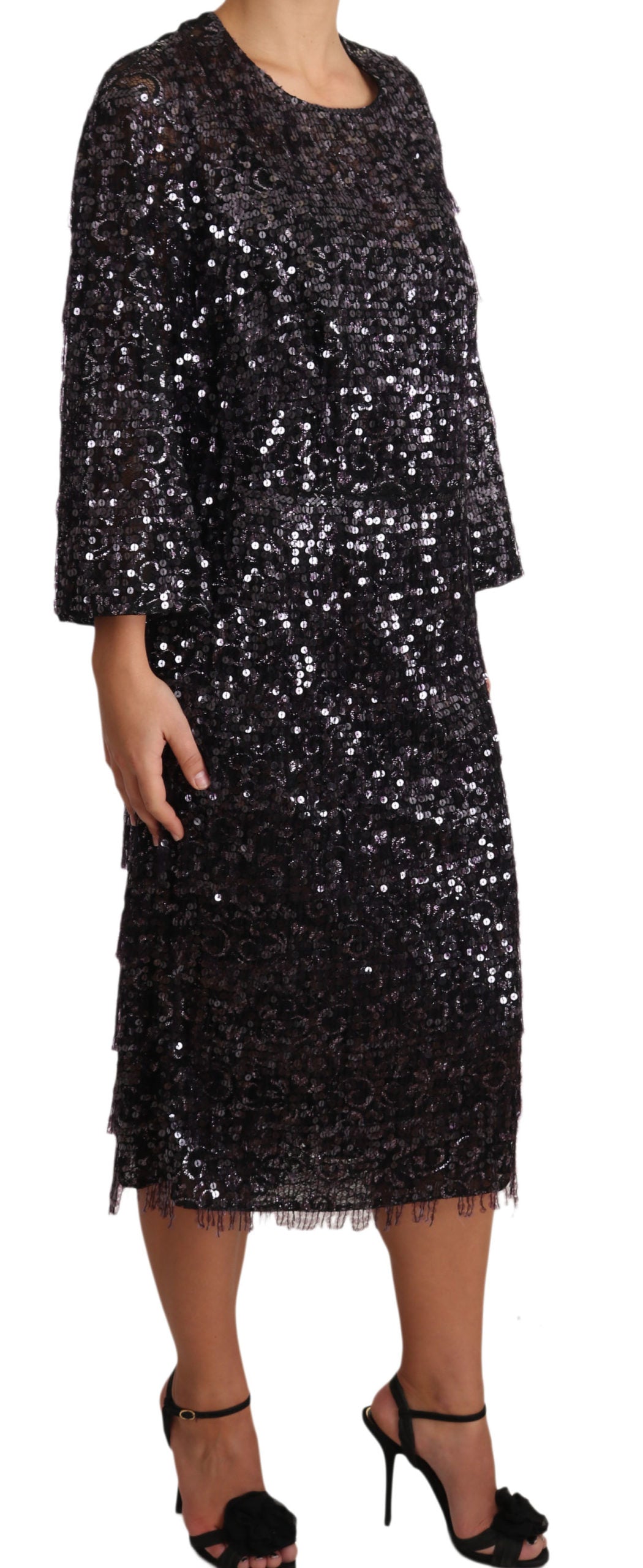 Robe mi-longue droite à manches longues et sequins noirs Dolce &amp; Gabbana