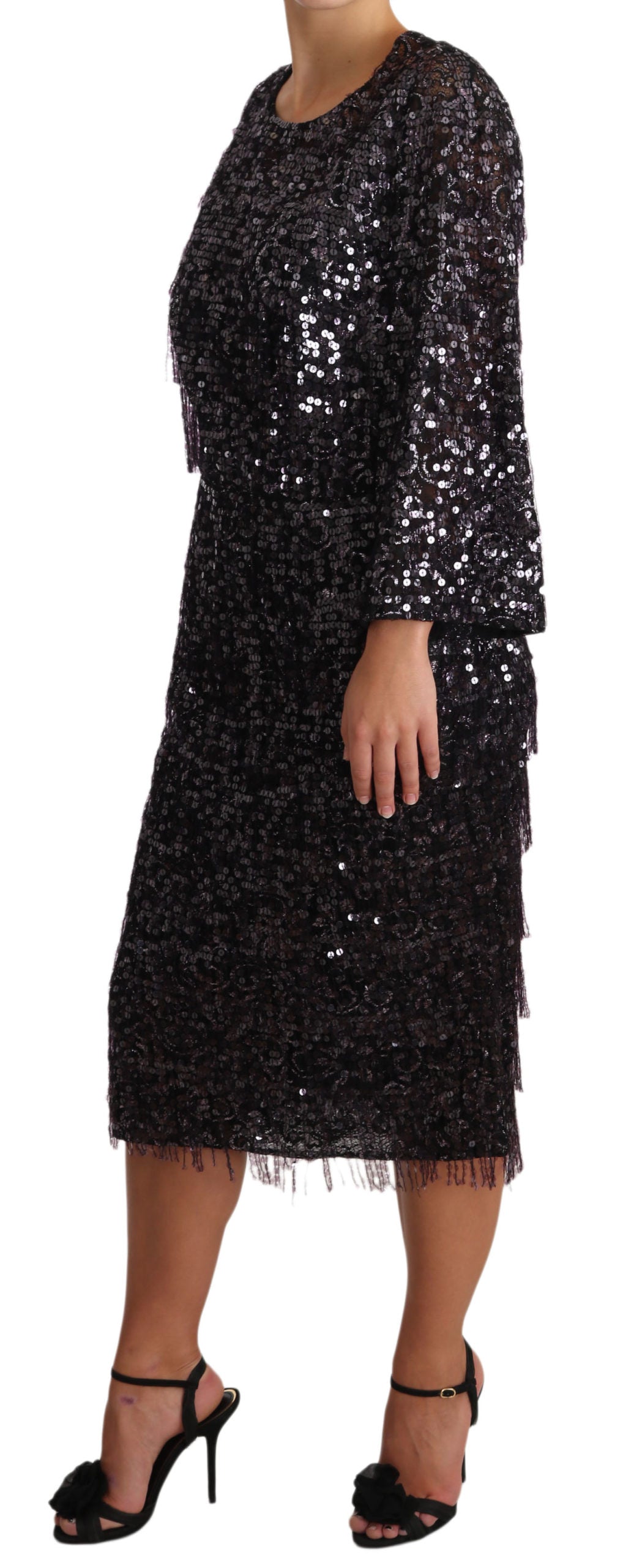 Robe mi-longue droite à manches longues et sequins noirs Dolce &amp; Gabbana