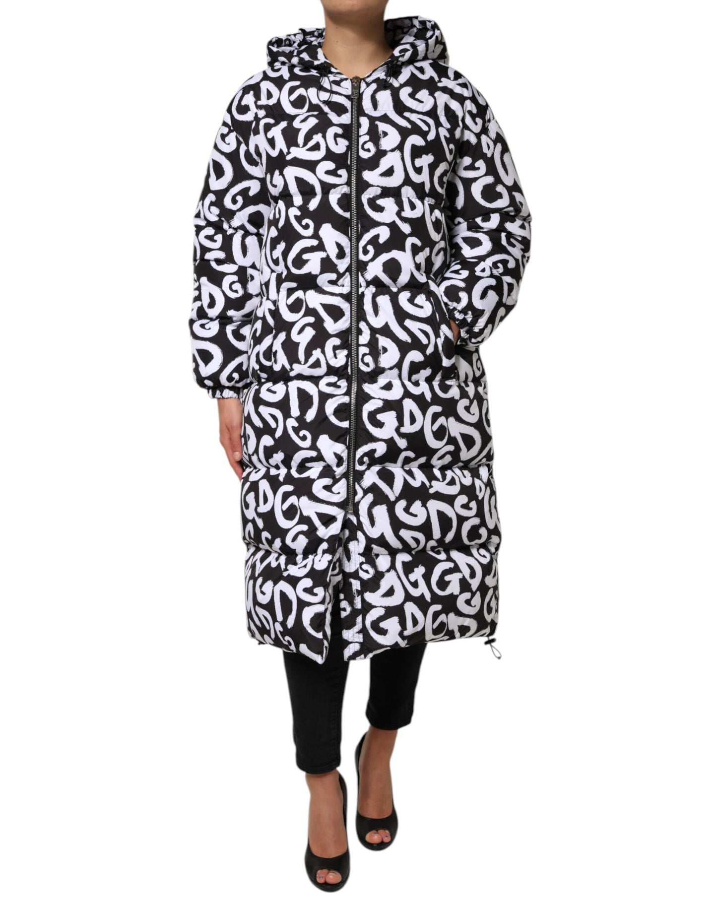 Dolce &amp; Gabbana Manteau long à capuche noir et blanc DG Mania