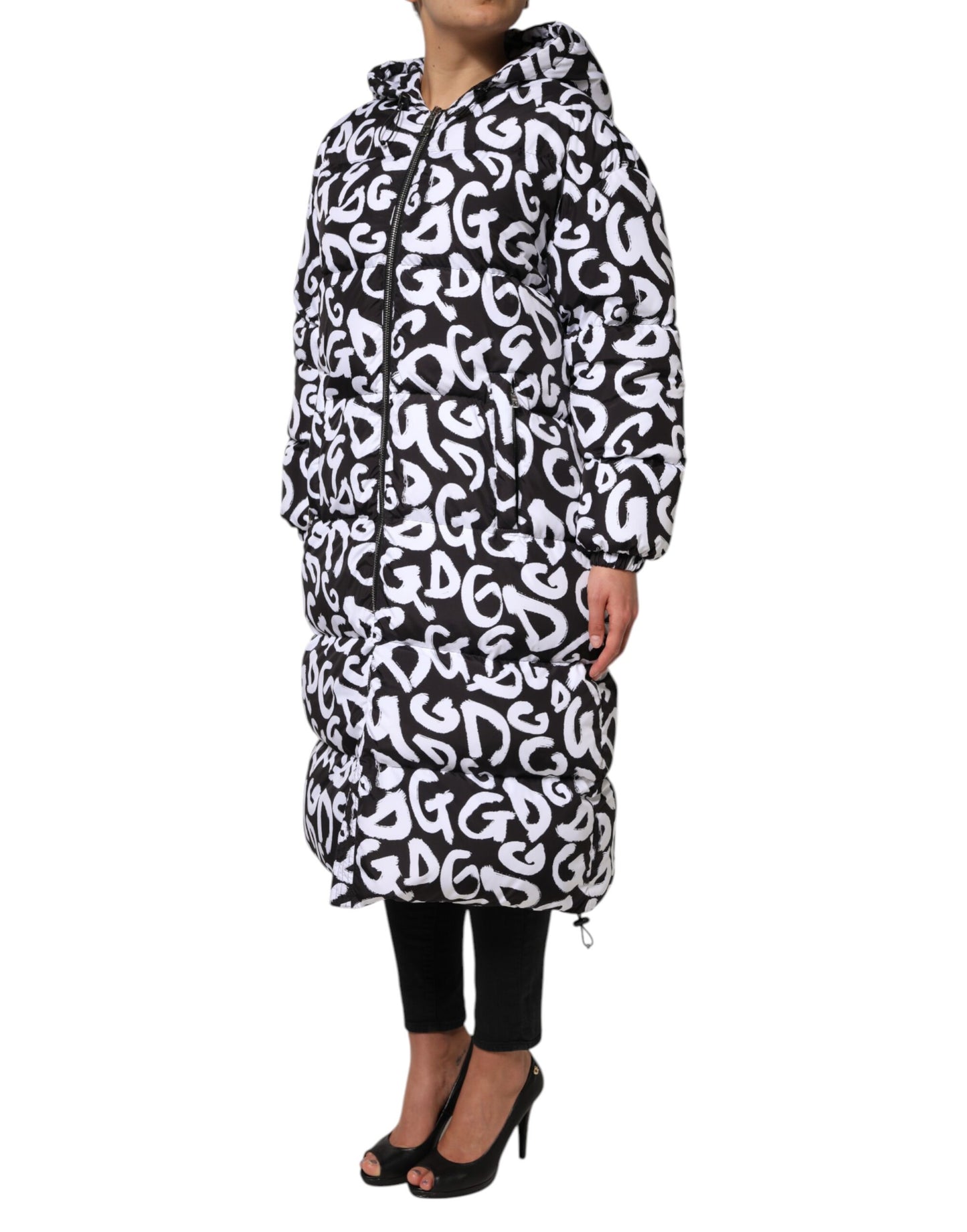 Dolce &amp; Gabbana Manteau long à capuche noir et blanc DG Mania