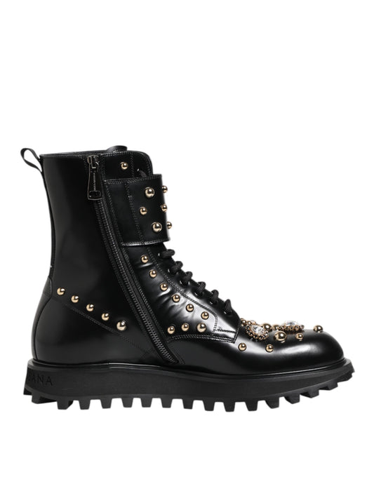 Dolce &amp; Gabbana – Schwarze, wadenhohe Schnürstiefel mit Nieten