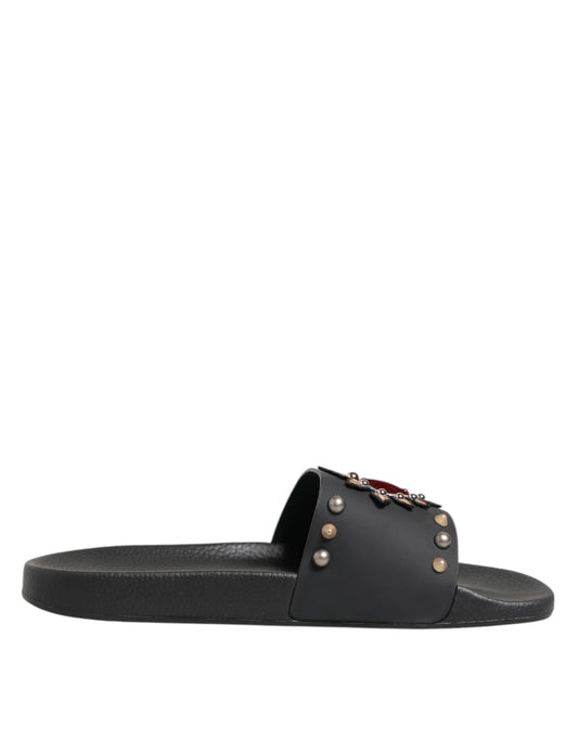Dolce & Gabbana Black Rubber Sacred Heart Slides Men Beachwear Shoes