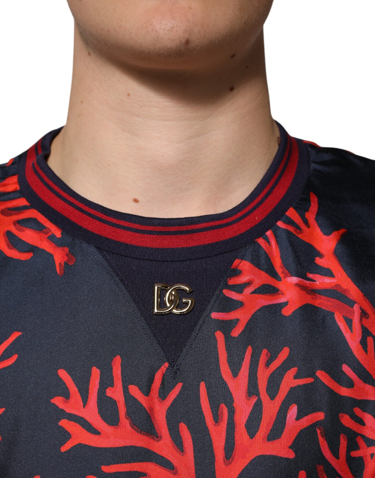 Dolce & Gabbana Navy Red Silk Coral Print Pullover Sweater