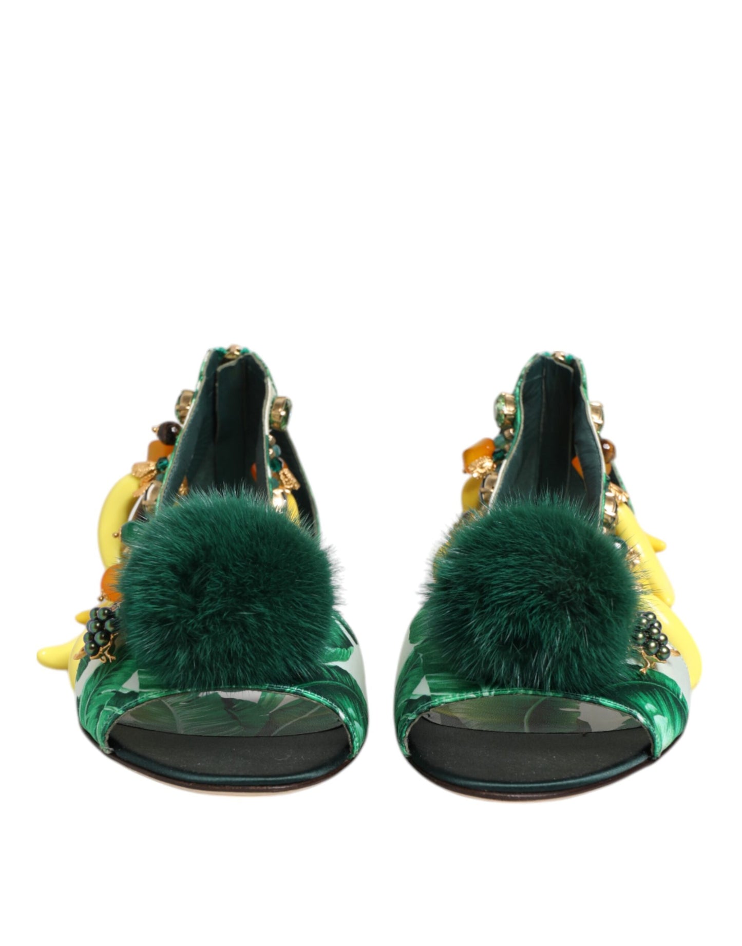 Dolce &amp; Gabbana Grüne Nerzpelz Satin Bananenblatt Sandalen Schuhe