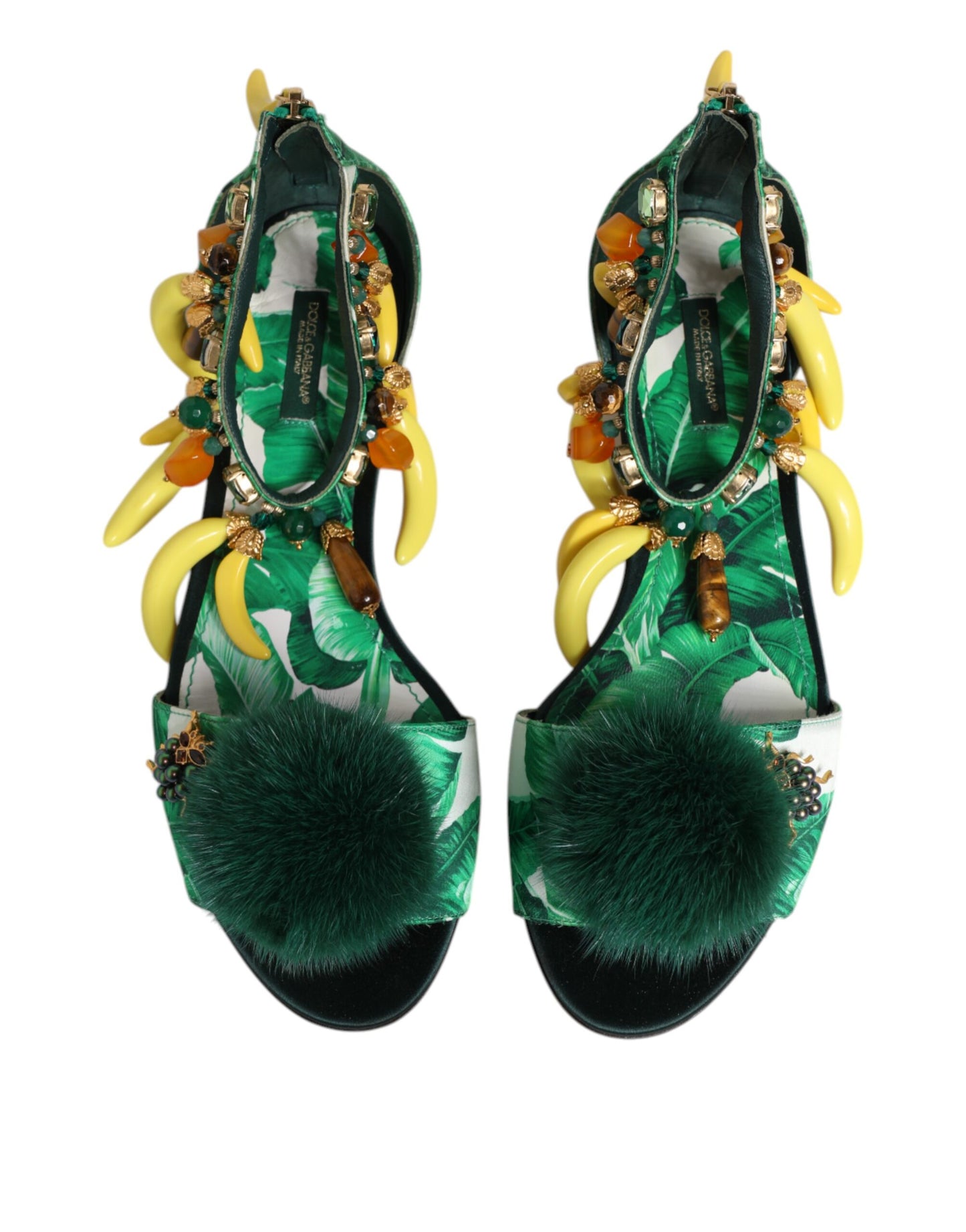 Dolce &amp; Gabbana Grüne Nerzpelz Satin Bananenblatt Sandalen Schuhe