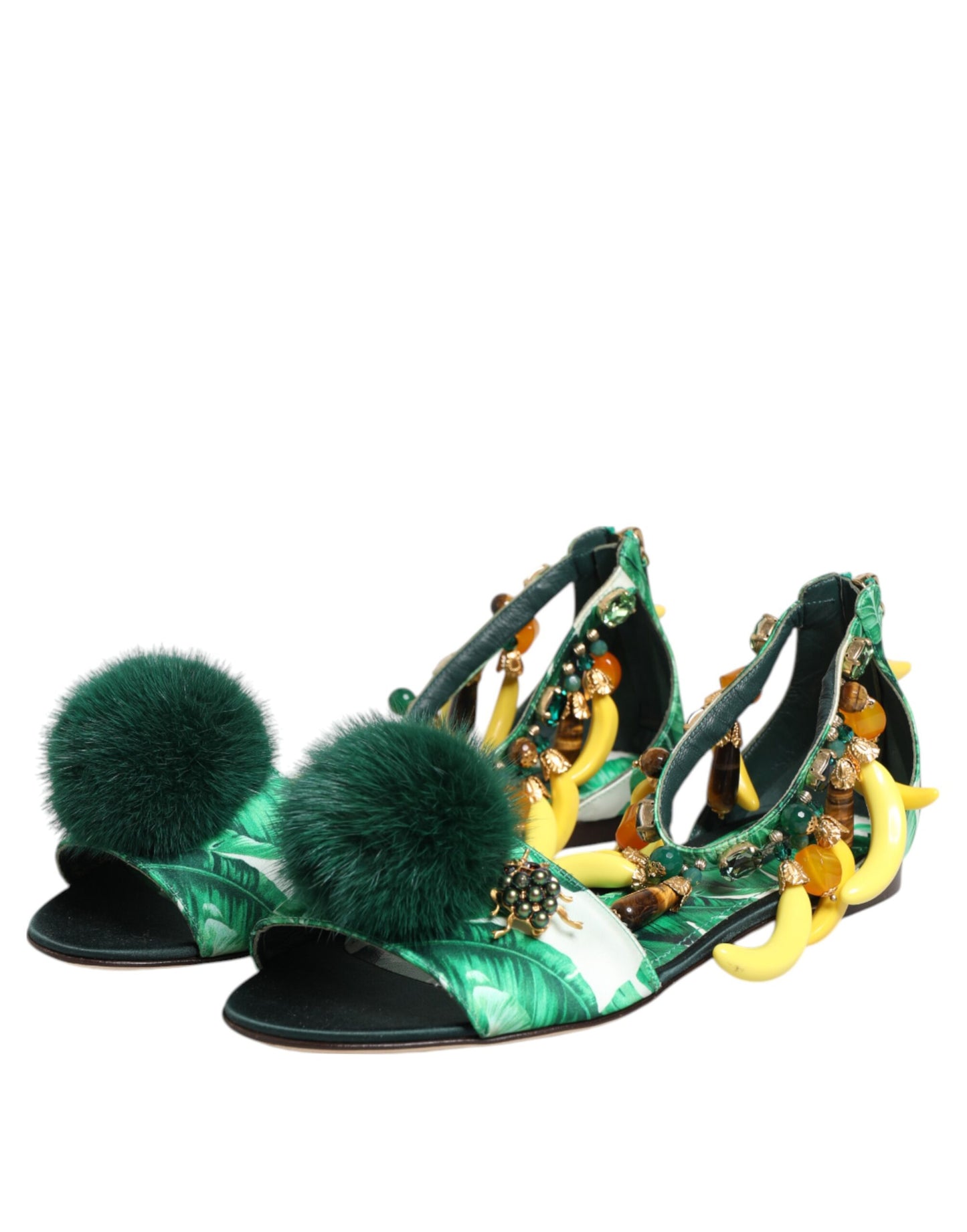 Dolce &amp; Gabbana Grüne Nerzpelz Satin Bananenblatt Sandalen Schuhe