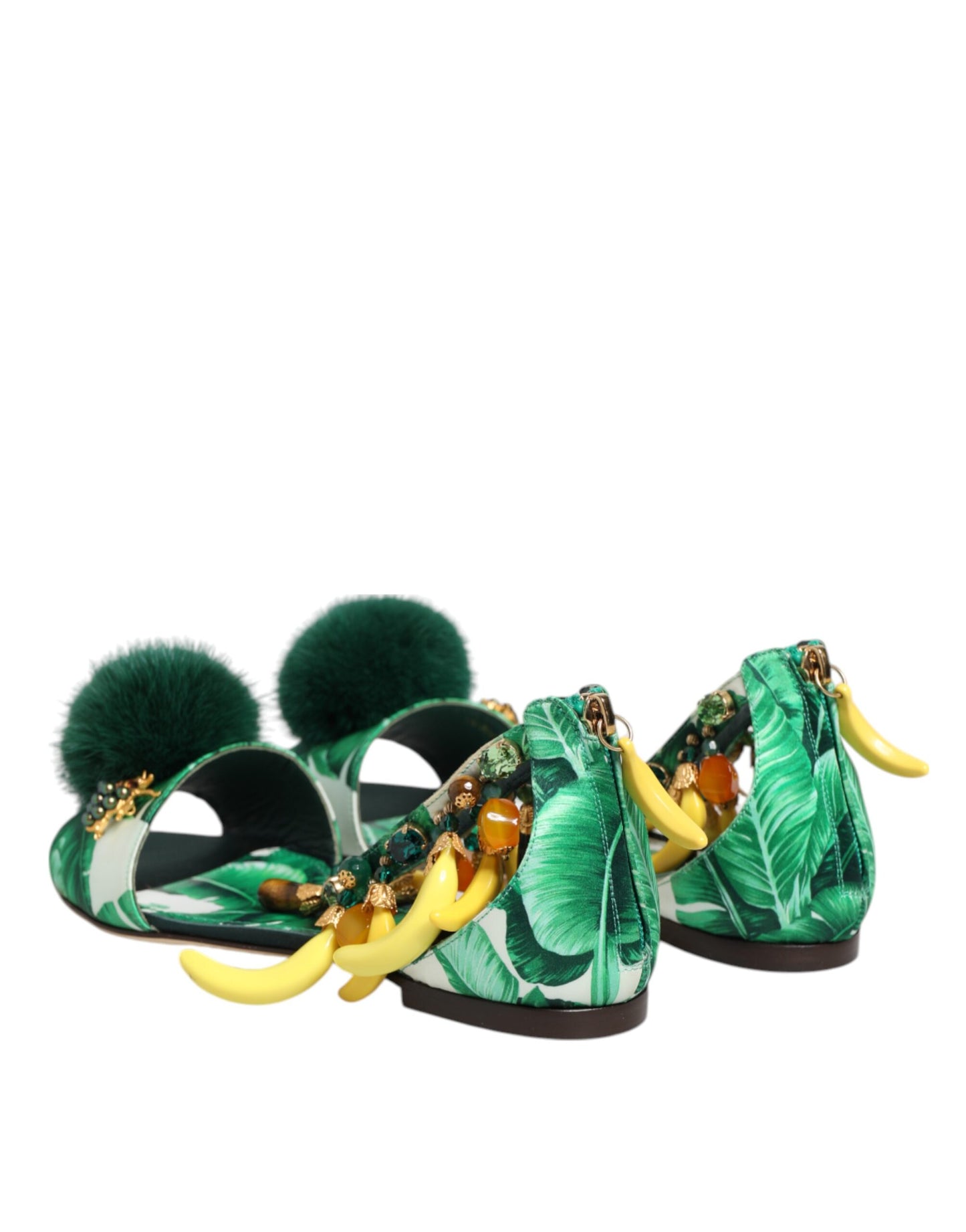 Dolce &amp; Gabbana Grüne Nerzpelz Satin Bananenblatt Sandalen Schuhe