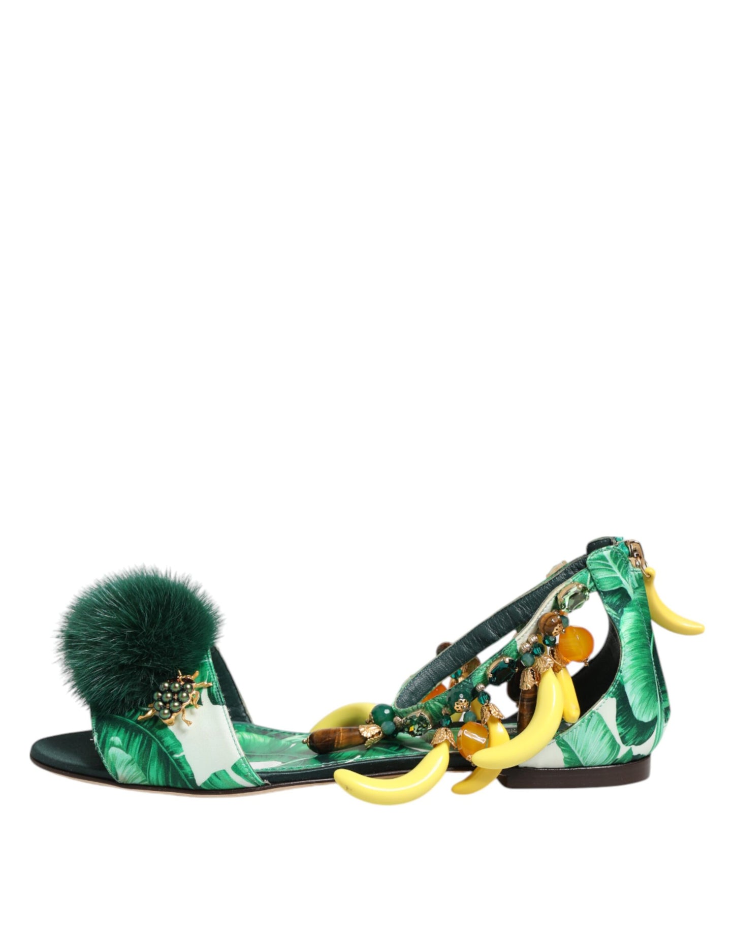 Dolce &amp; Gabbana Grüne Nerzpelz Satin Bananenblatt Sandalen Schuhe